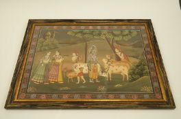 A 20th century framed Indian scene, depicting a typical scene surrounded by a boarder of flowers
