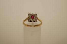A diamond and ruby panel ring, the oval cut ruby with four rose diamond points to the rectangular