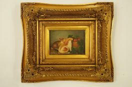 A pair of framed decorative oils on board