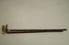 A pair of horn handle walking sticks, one with a malacca shaft