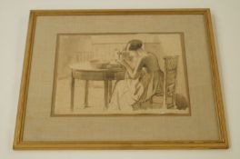 A pen and wash drawing "A girl sewing" by Randolph Schwabe (1885-1948) 1982