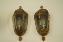 A pair of brass wall pocket lights each with three etched glass panels, Limehouse Lamp Co.