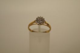 A nineteen stone diamond cluster 9ct gold ring, set with single cuts, finger size P, 1.6g gross