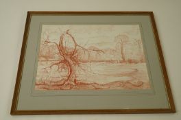 A red chalk drawing of "A storm wrecked the apple tree" dated 27/12/77 by Dick Boulton