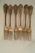 A set of six William IV silver dinner forks by William Chawner, London 1831, fiddle, thread and
