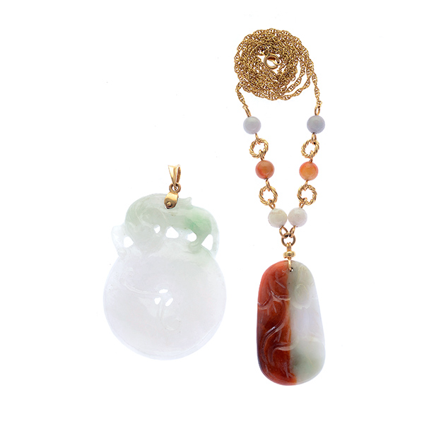 Collection of Two Jade, 14k Yellow Gold Pendants. Including one carved jadeite plaque, accented by