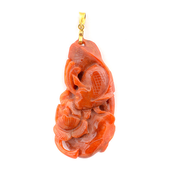 Jade, 14k Yellow Gold Pendant. The carved jadeite plaque measuring approximately 55 x 30 mm, depicts