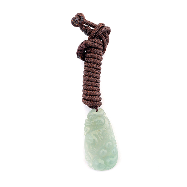 Jade Pendant. The carved jadeite plaque measures approximately 35 x 1.8 mm, depicting a dragon in