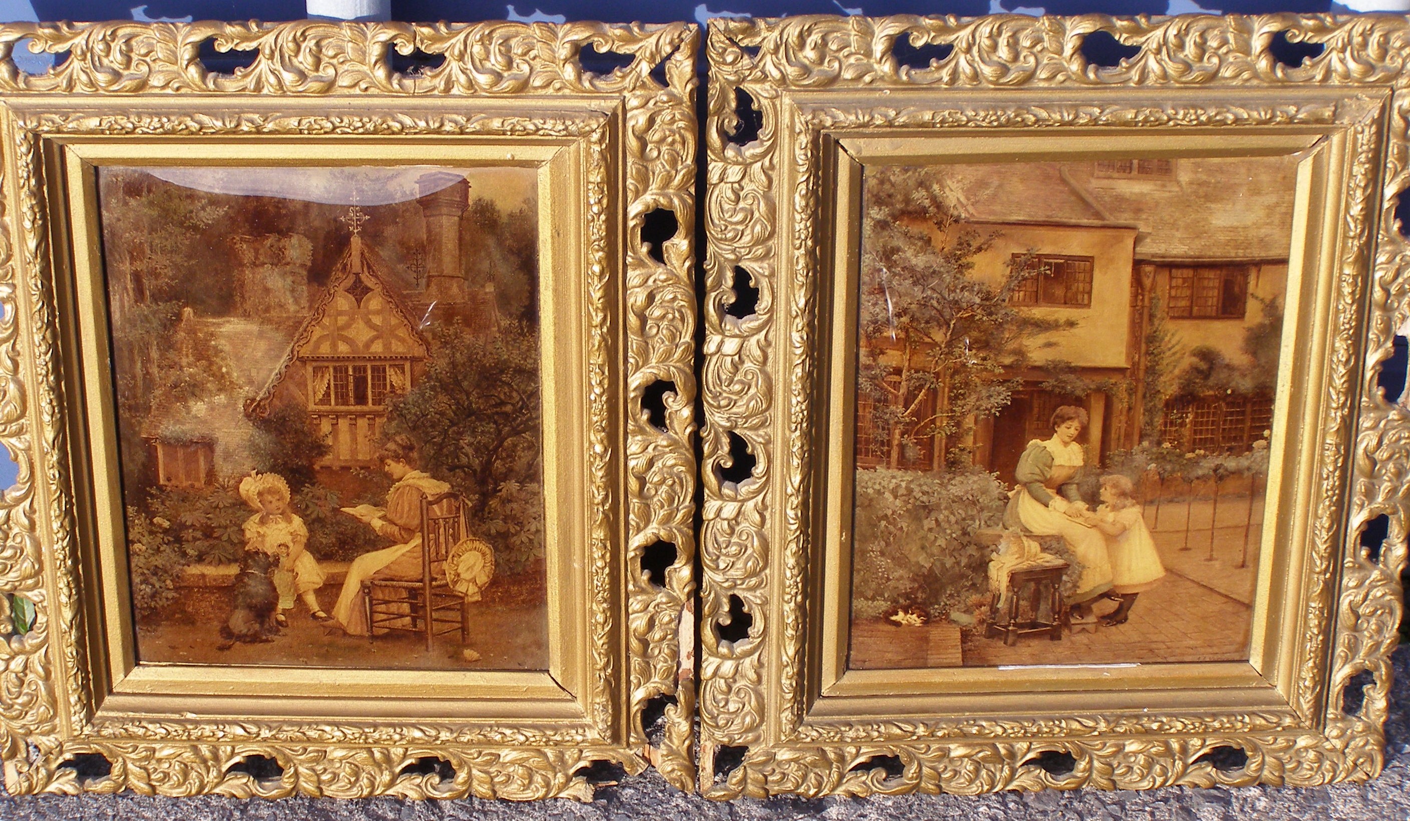 A pair of Victorian chrystoleums - Cottage garden scenes