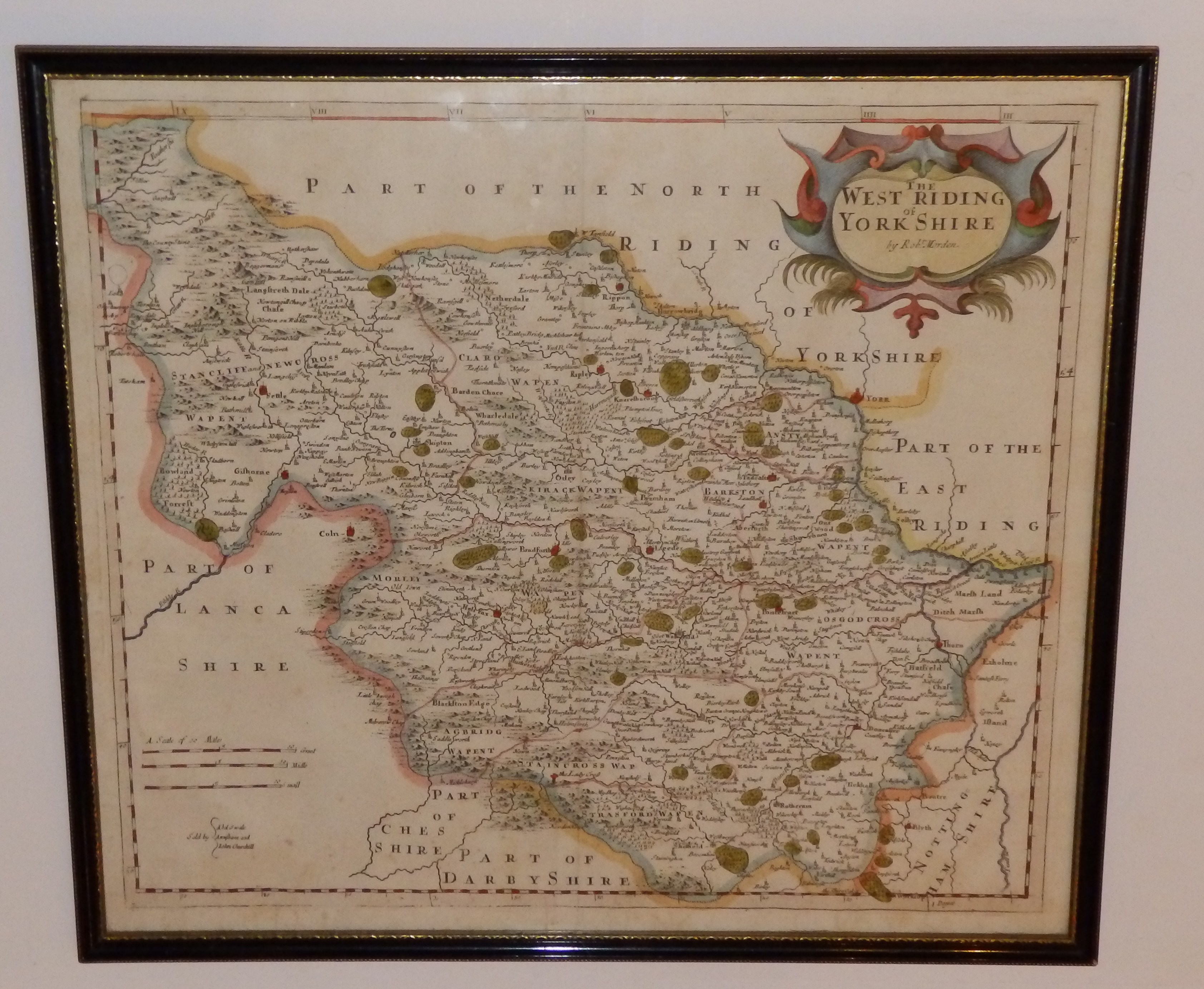 A coloured antiquarian map of The West Riding of Yorkshire by Robert Morden, 14? x 16?