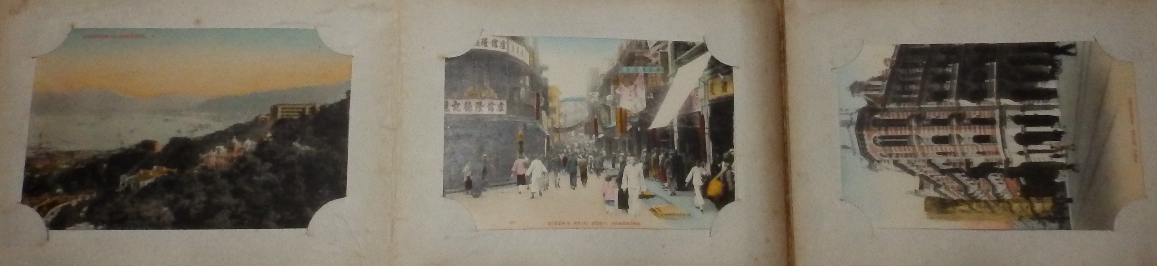 A small early 20thC lacquered concertina album containing 24 coloured photographic Hong Kong