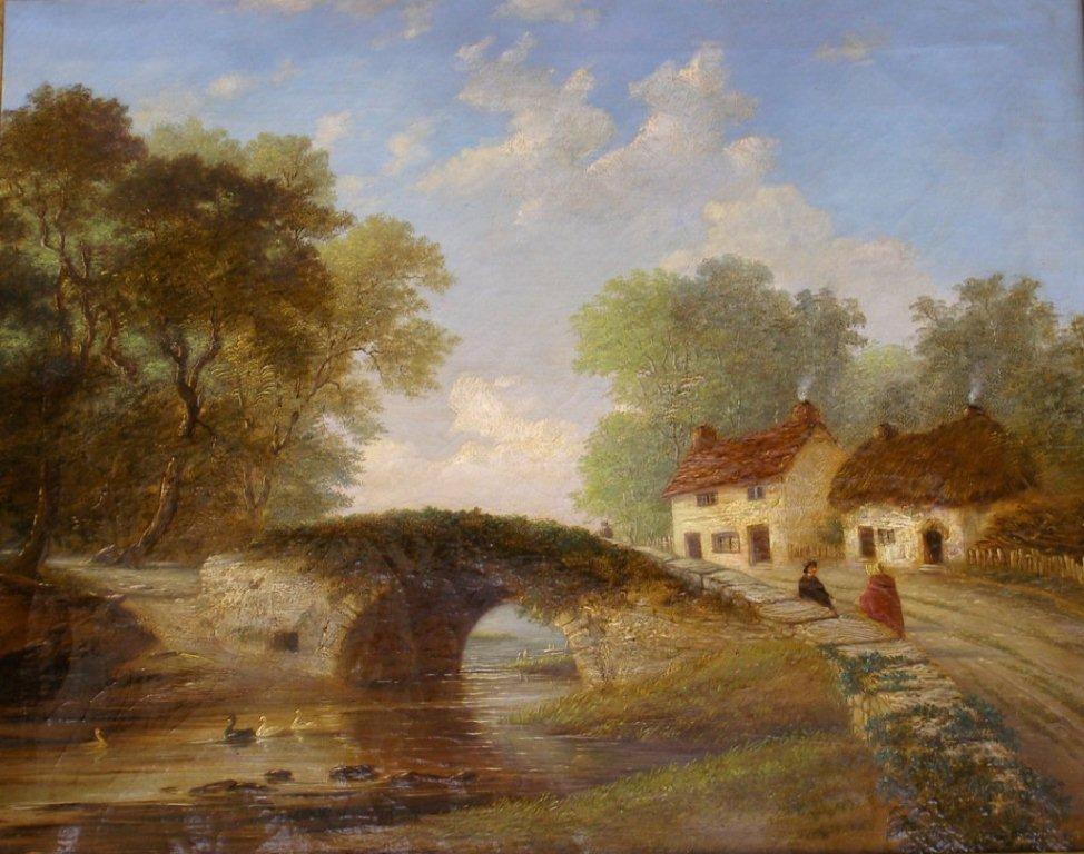 19thC English School - oil on canvas - Village with bridge and figures, 15? x 19? SEE ILLUSTRATION