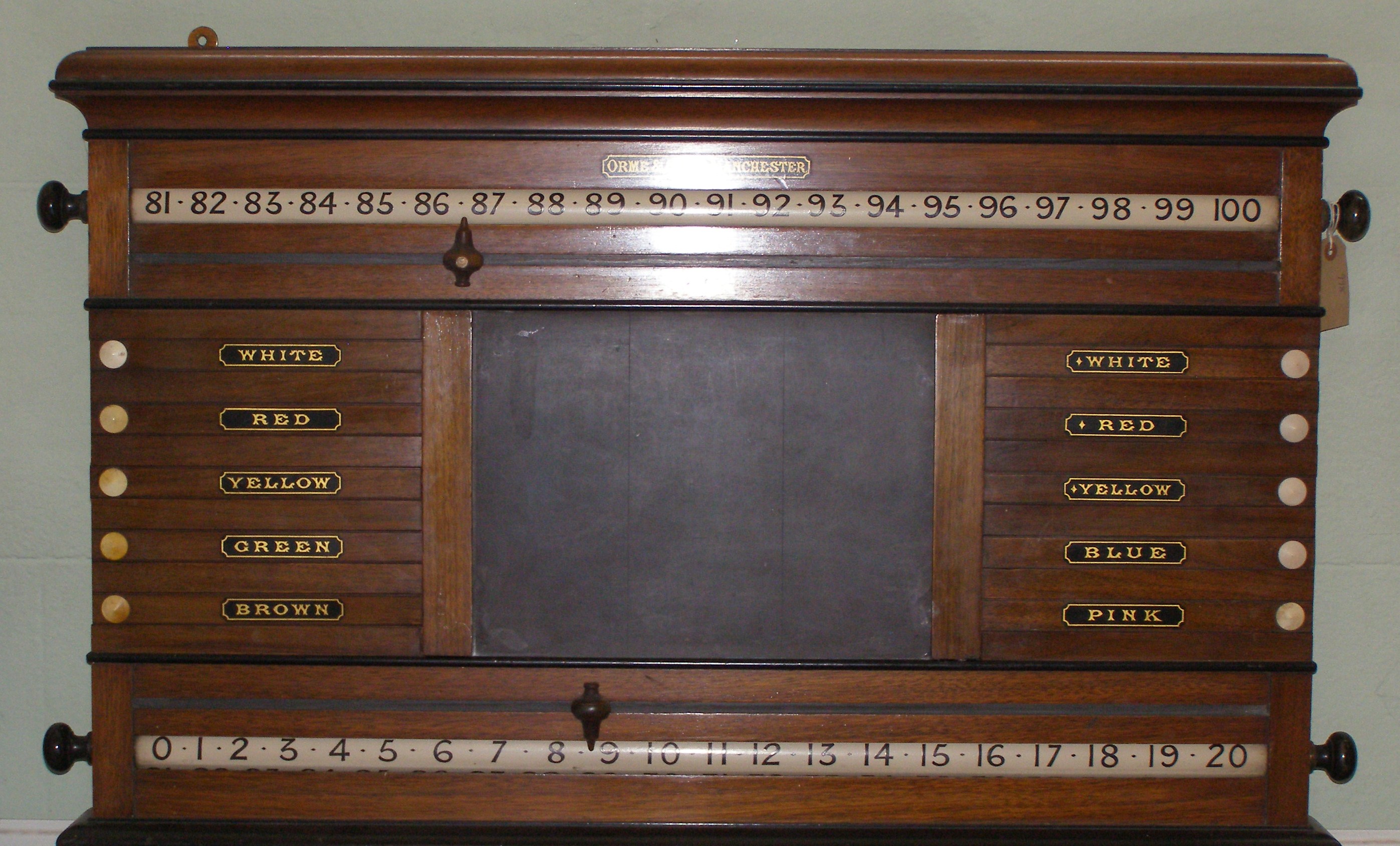 A Victorian mahogany billiards scoreboard by Orme & Sons, 38.5? across