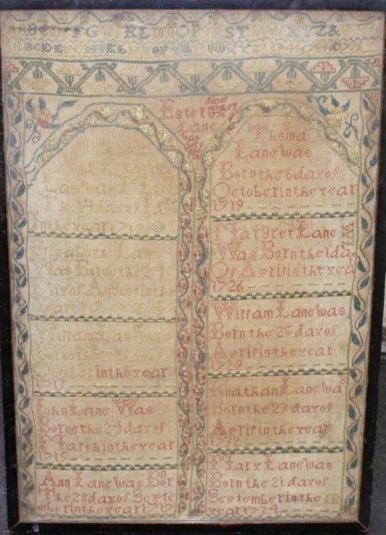 A small silk embroidered sampler ? 1734 ? a/f