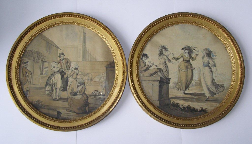 18thC English School ? a pair of circular watercolours ? `The Dance` and `The Departure of La Fleur