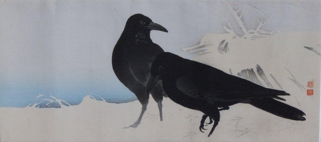 Ito Sozan (1884-?) - woodblock print ? Two Ravens in the Snow, with seal signature, 6.5? x 14?