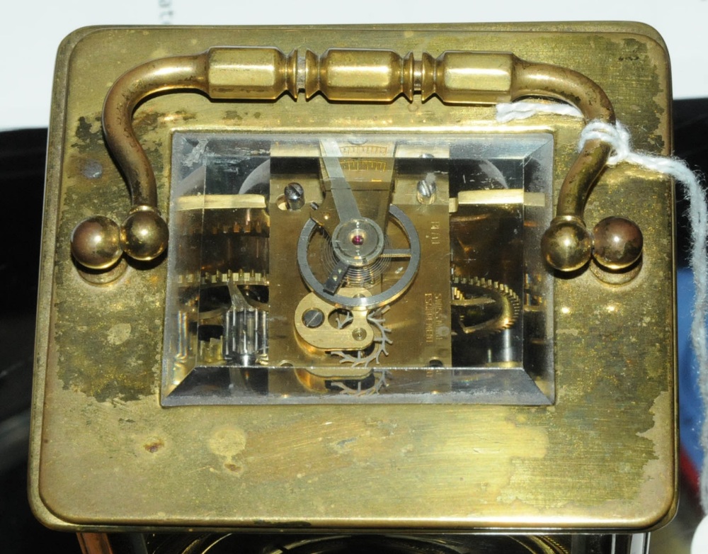 A French brass carriage clock, with alarm, with Champleve enamel dial.  Height excluding carrying - Image 6 of 6