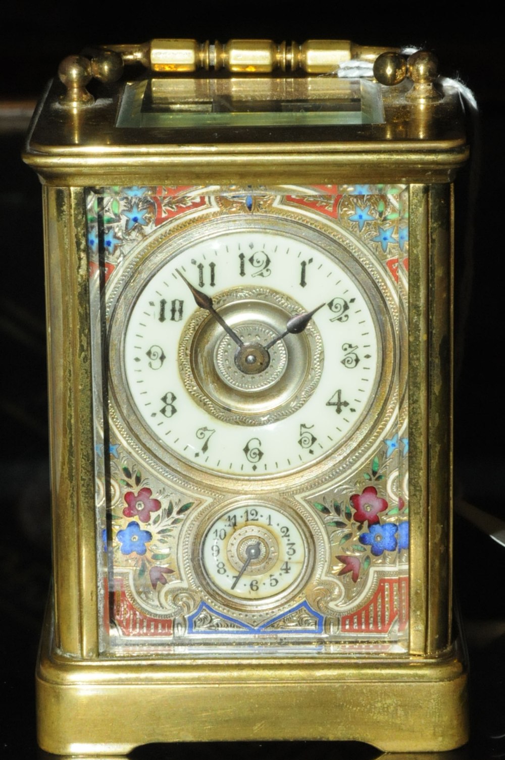 A French brass carriage clock, with alarm, with Champleve enamel dial.  Height excluding carrying - Image 2 of 6