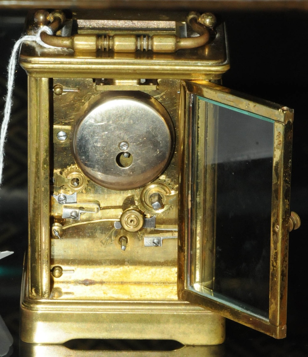 A French brass carriage clock, with alarm, with Champleve enamel dial.  Height excluding carrying - Image 4 of 6