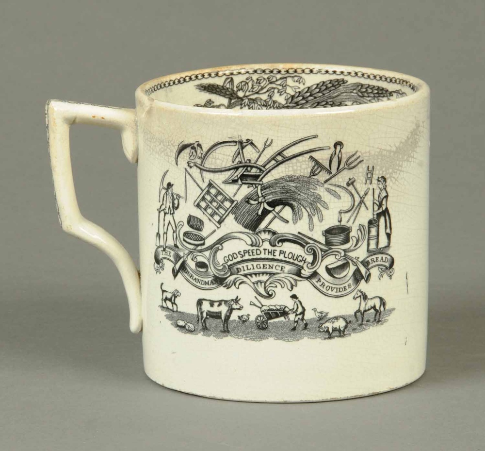 A 19th century "Industry Produceth Wealth" mug, transfer printed with farming implements.