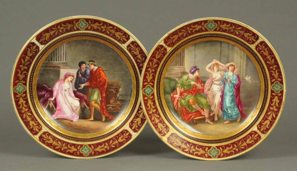 A pair of Berlin porcelain cabinet plates, "Augustus U Leopatra" and "Venus Helene Dem Paris Zur",