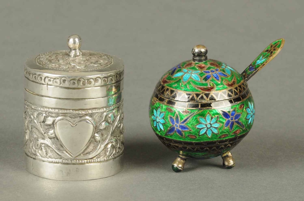 A silver and enamel mustard pot, and a silver coloured metal cylindrical pot repousse with