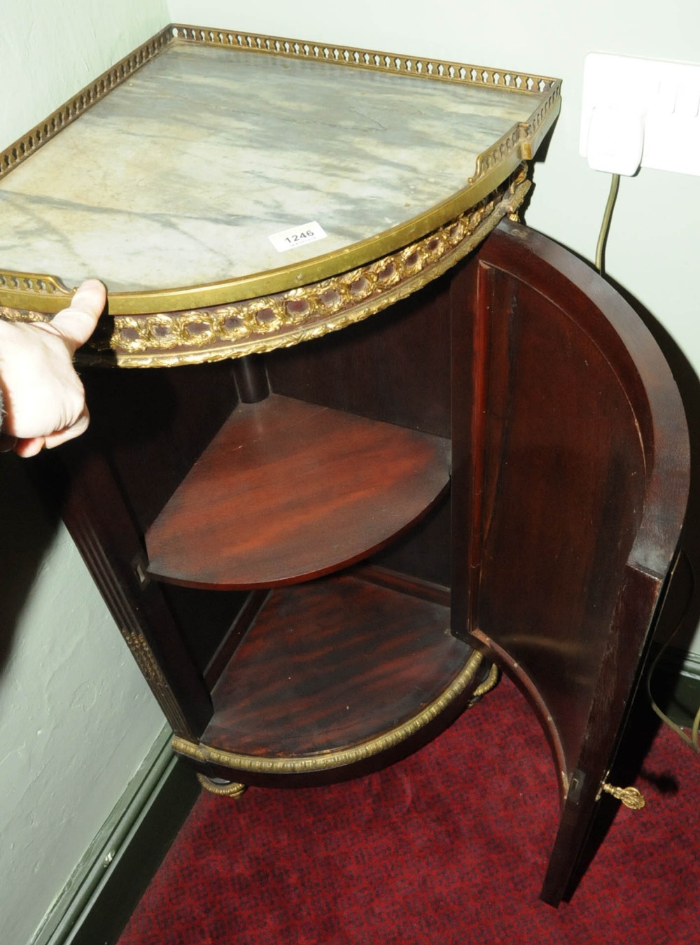 A late 19th century French mahogany corner cabinet, with marble top, by Mellier, with brass - Image 3 of 6