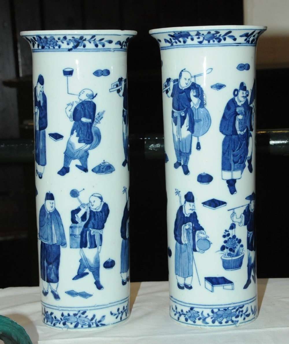 A pair of Chinese blue and white spill vases, decorated with figures, four character mark to - Image 3 of 5