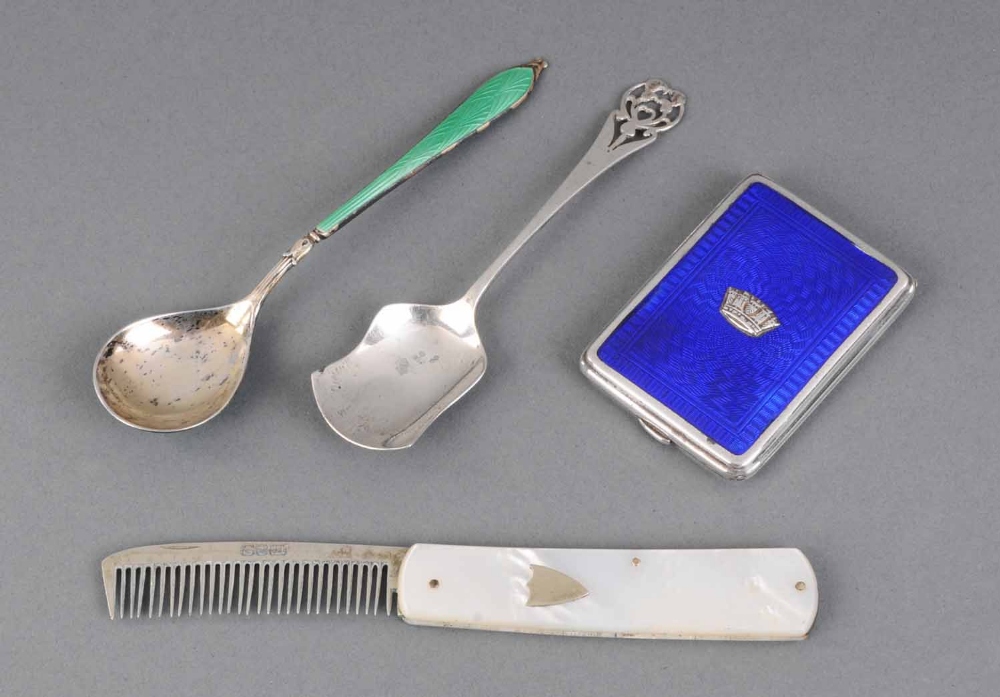 A silver and enamel match case, Birmingham 1916, a moustache comb with mother of pearl handle,