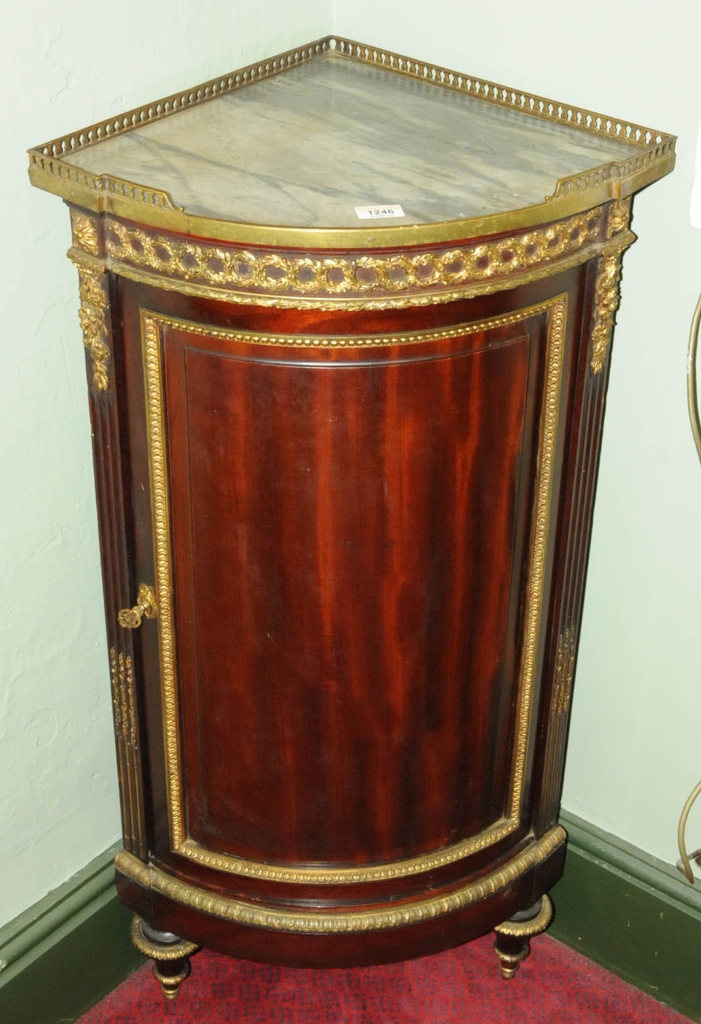 A late 19th century French mahogany corner cabinet, with marble top, by Mellier, with brass - Image 2 of 6