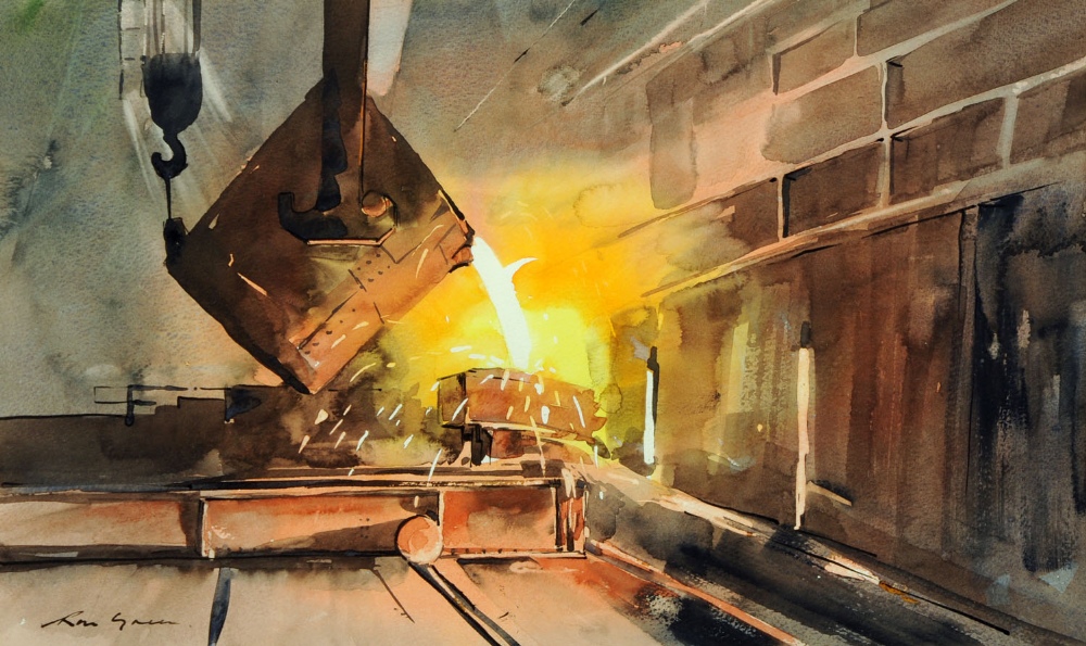 Ron Green, watercolour, "Charging the Open Hearth Furnace with Hot Metal".  12 ins x 20 ins, framed,