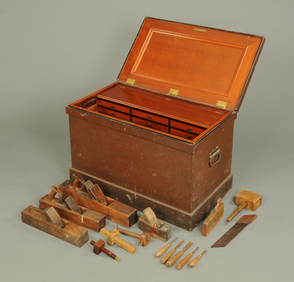 A Victorian cabinet makers tool chest, with well fitted interior in flame and other mahogany and