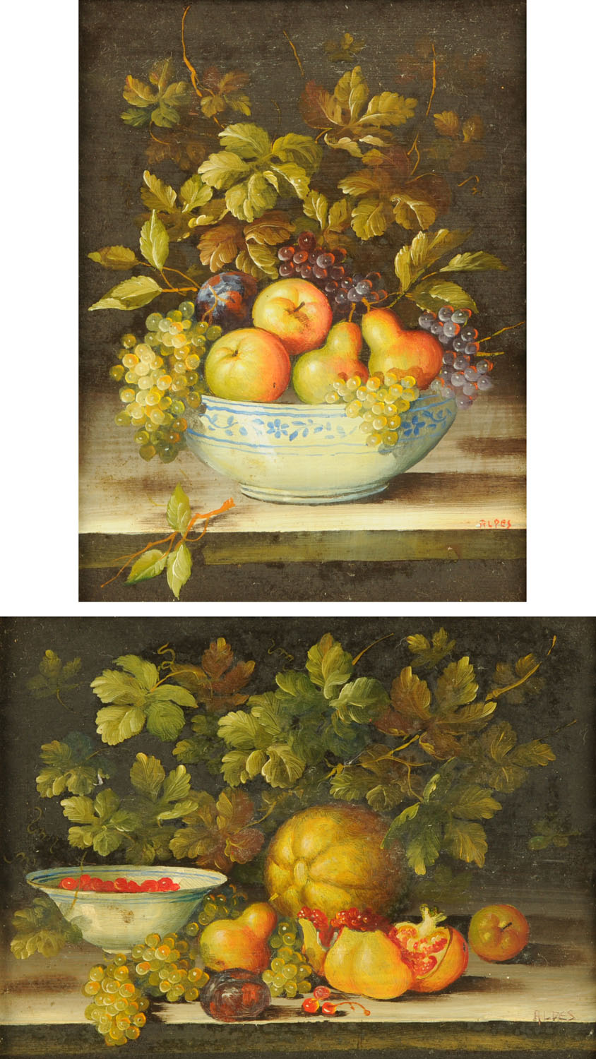 Two oil paintings on copper by Alpes, each of a still life .  5.5 ins x 7.5 ins and 7.5 ins x 5.5