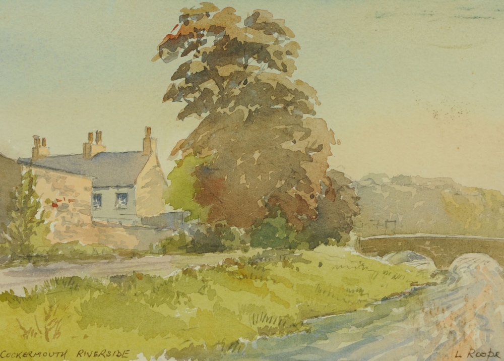 Len Roope, watercolour, "Cockermouth Riverside".  7 ins x 10 ins, signed, framed (see illustration).