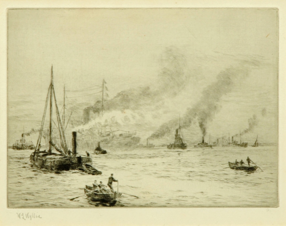 William Lionel Wyllie (1851-1931), etching, "The Bustling Mersey".  5 ins x 6.5 ins, signed (see