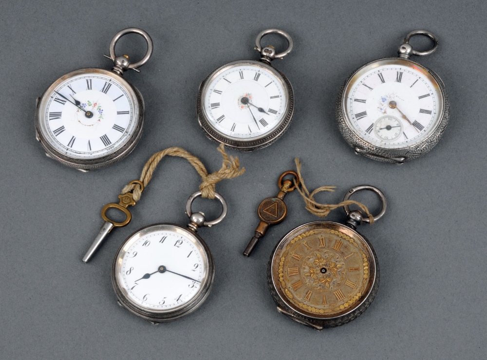 A collection of five 19th century silver cased fob watches.