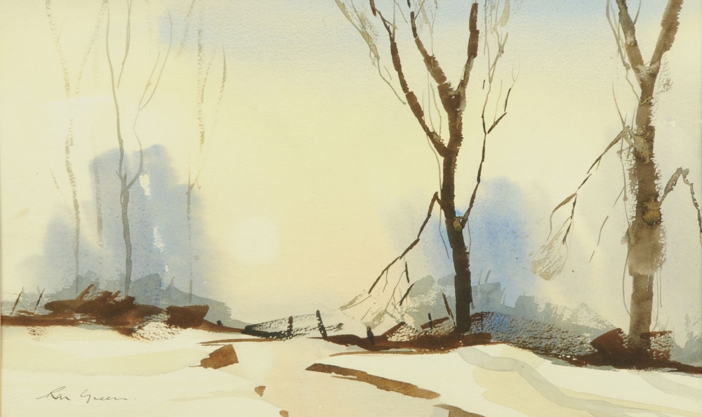 Ron Green, watercolour, "Winter".  12 ins x 20 ins, framed, signed.