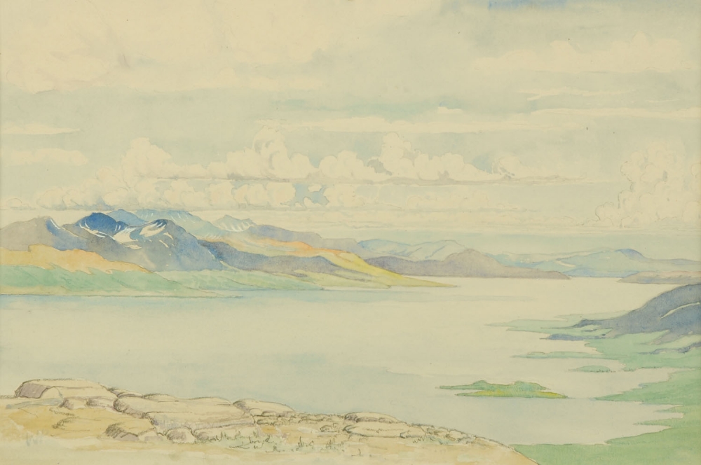 W.H. Pearsall, watercolour, "Lake Tornetrask from Nuolja, Swedish Lapland".  9 ins x 13 ins, framed,