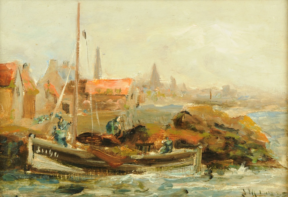 J.M. Dodds, oil painting on board, harbour scene.  6.5 ins x 9.5 ins, signed (see illustration).