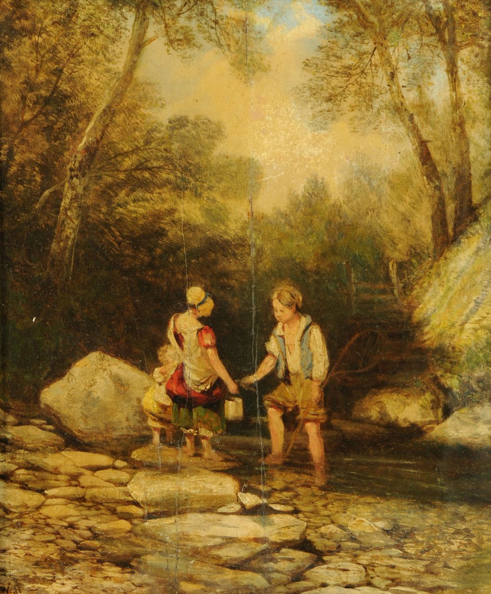 William West (1801-1861) Lake Artists Society, oil painting on panel, children by river amongst