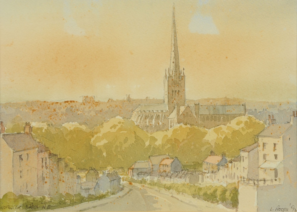 Len Roope, watercolour, "Norwich from North East".  8.5 ins x 11.5 ins, signed and dated 1992.