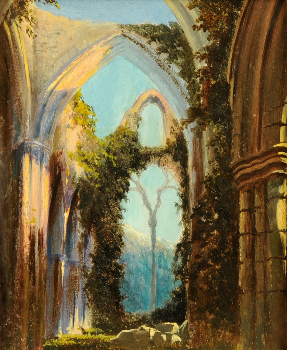 Oil on board, small study of ruined Gothic arches.  5.5 ins x 4.5 ins.