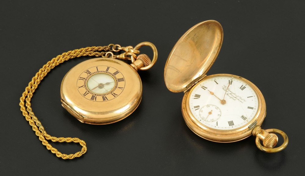 A gold plated half Hunter pocket watch, with chain, knob wind, cased, together with a Lancaster &
