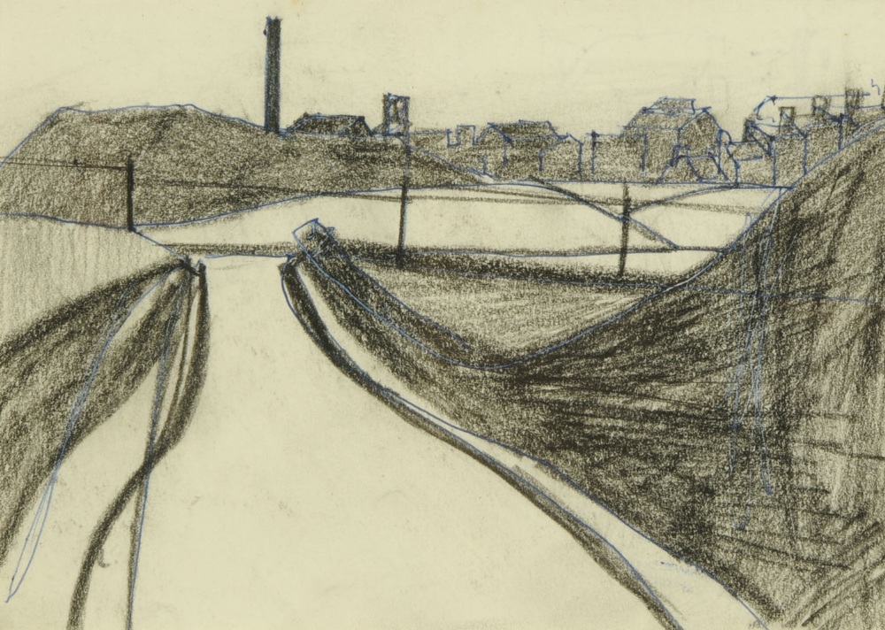 Percy Kelly, charcoal sketch, "Industrial West Cumbrian Mine".  4.5 ins x 6.5 ins.  ARR