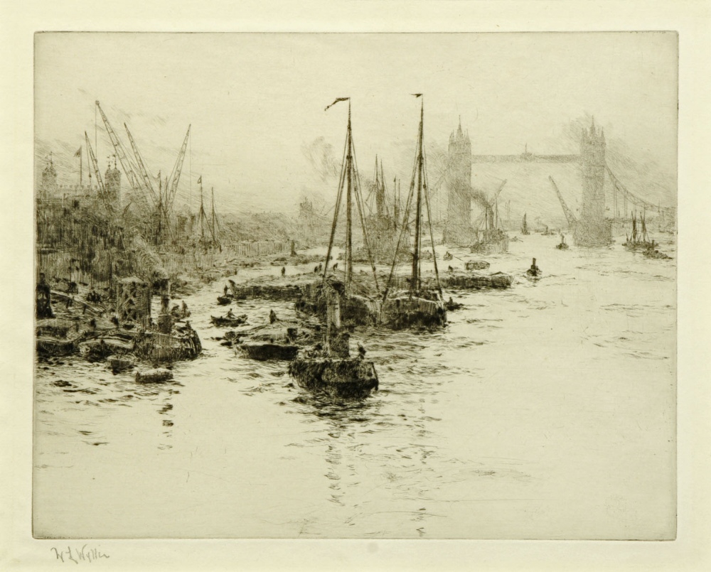 William Lionel Wyllie (1851-1931), etching, "Eel Boats off The Tower of London".  8 ins x 10 ins,