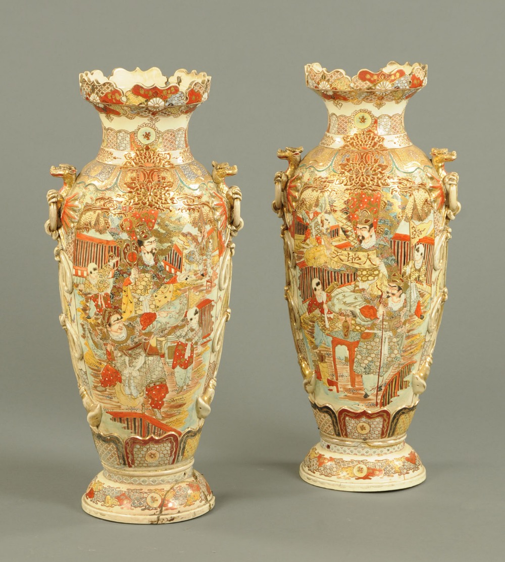 A large pair of late 19th/early 20th century Satsuma vases, polychrome, decorated in relief with