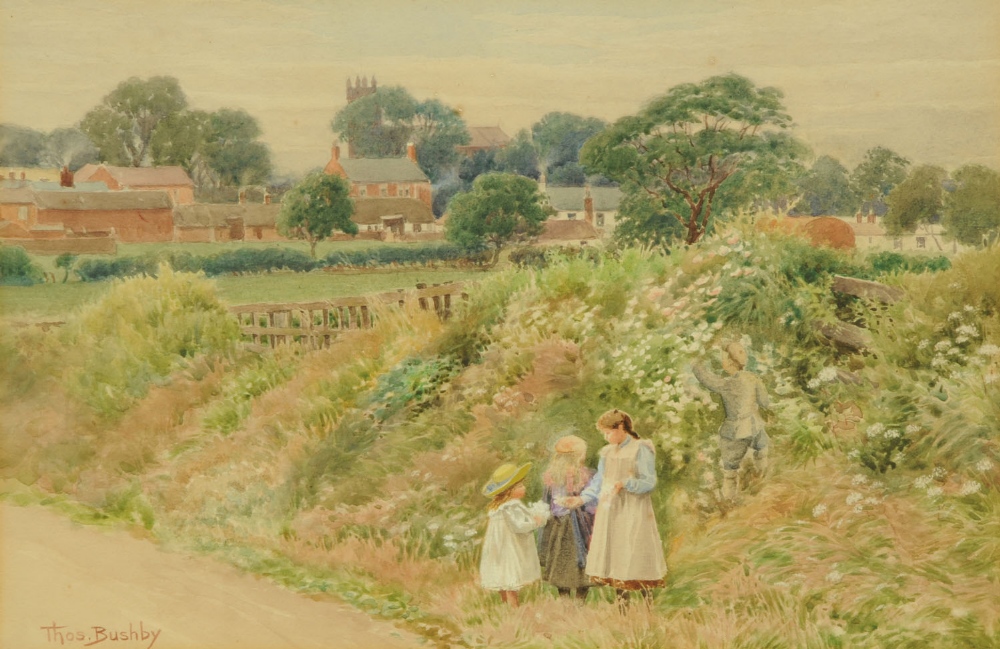 Thomas Bushby (1861-1918), watercolour, "Picking Flowers near Upperby, Carlisle".  9.5 ins x 14 ins,
