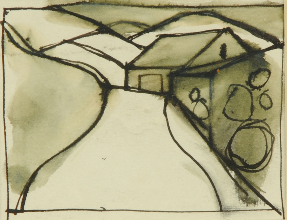Percy Kelly, small pen and wash sketch, "Cumbrian Lane and Fells".  2.5 ins x 3 ins (see