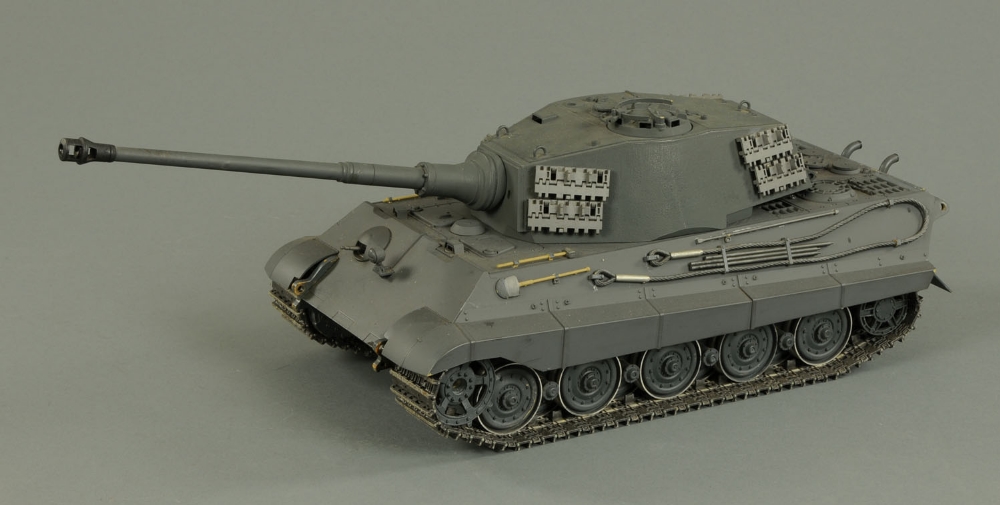 A radio controlled model Tiger 2 tank, complete with Futaba remote control unit.  Length of model
