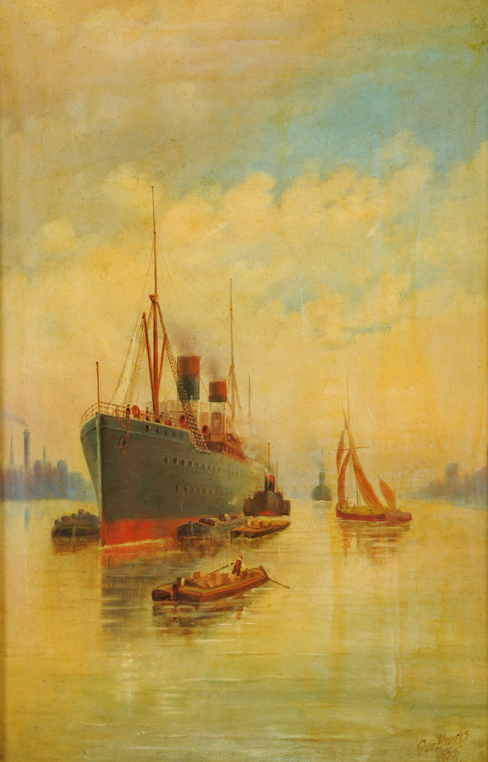 George Harris, oil painting on board, cruise liner in estuary.  17 ins x 11 ins, signed and dated